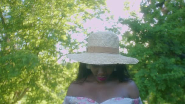 Black Woman Picnic Park Looking Blows Kisses Sky Tilt — Video
