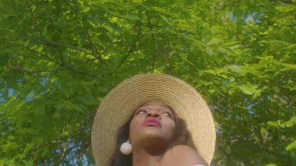 Black Woman Looking Adjusting Hair Smiling Picnic Park Low Angle — Vídeos de Stock