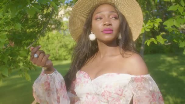 Zwarte Vrouw Kijken Aanpassen Haar Picknick Park Oogcontact Close — Stockvideo