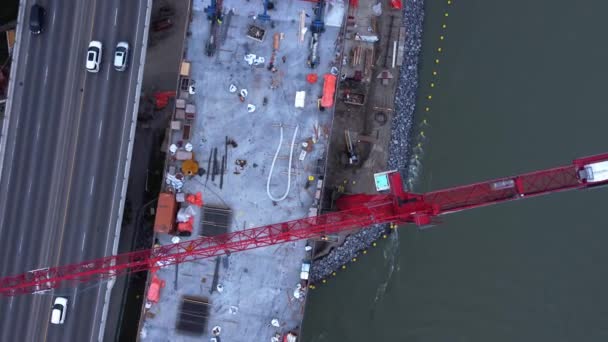 Crane Busy Highway Bridge Construction Zone Rotating — Stock Video