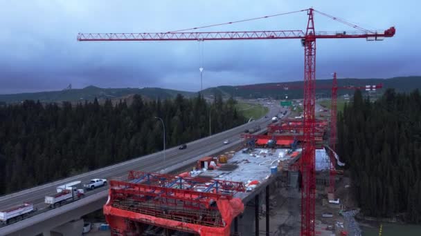Crane Workers Bridge Construction Highway Bridge Tilt Pan — Stock Video