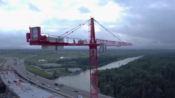 Crane Busy Highway Bridge Construction Zone Approaching — Vídeos de Stock