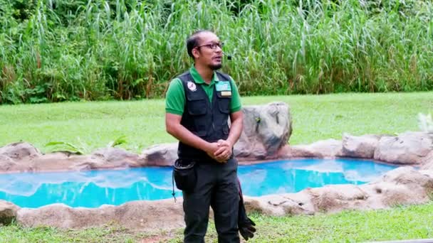 Zookeeper Treinador Com Coruja Mão Explicando Público Sobre Animais — Vídeo de Stock