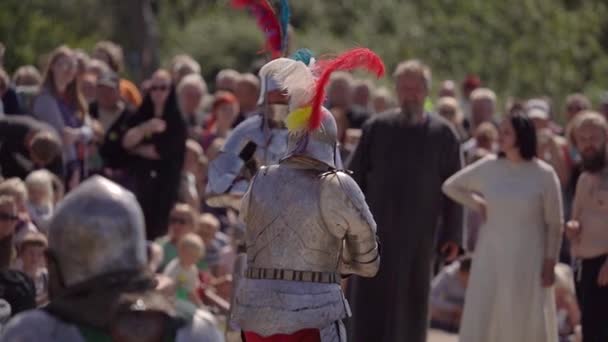 Knights Facing Each Other Swords Shiny Medieval Armors — Stock Video