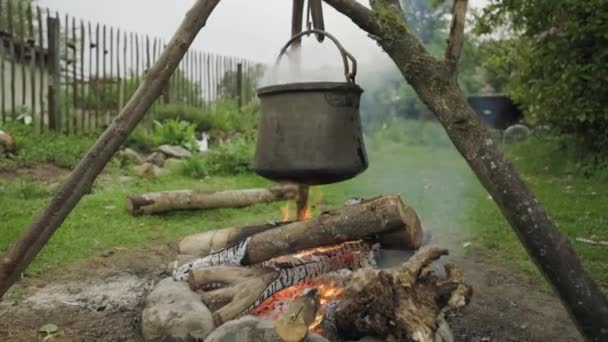Witch Kettle Steaming Fire Tripod Holding Big Pot Burning Flames — Stock Video