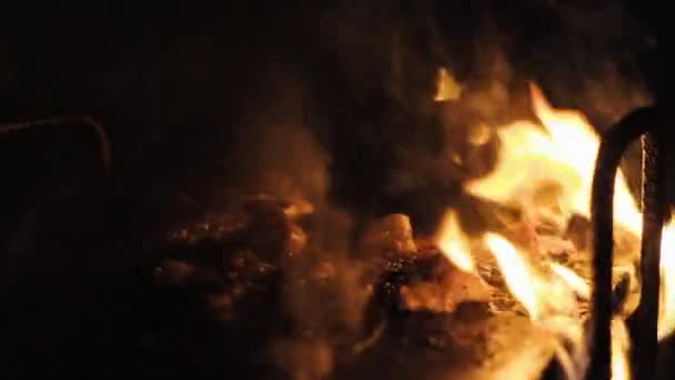 Roasting Meat Ham Open Fire Epic Flames — Stock Video