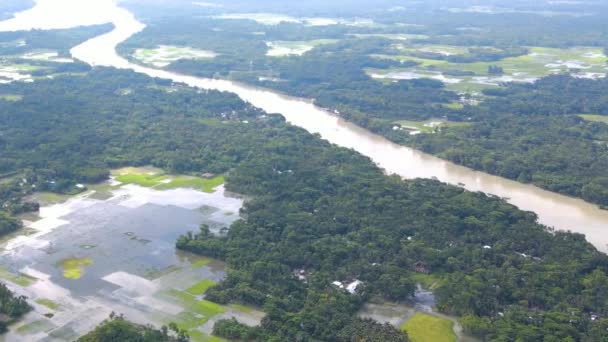 Peisajul Aerian Râului Inundat Terenuri Agricole Stabilirea Împușcat Drone — Videoclip de stoc