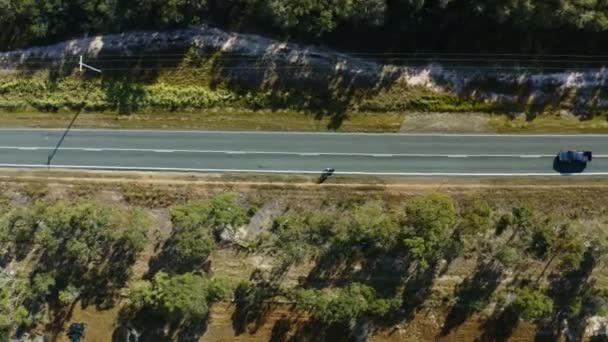 空中ドローントップダウン田舎道 4Kで車に乗っ取られているアスリートサイクリストの眺め — ストック動画