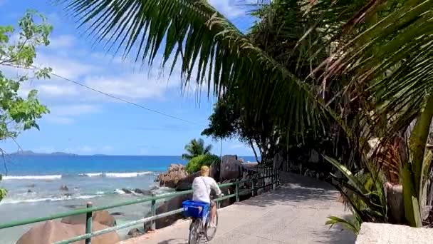 塞舌尔La Digue的海上自行车道 有棕榈树和波浪 — 图库视频影像