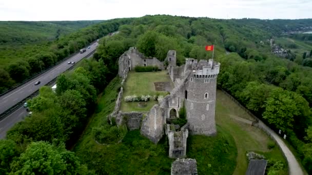 Aerial Panning View Normandy France Castle Forest Next Freeway — Stock Video