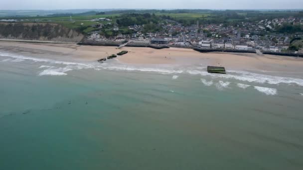 Aerial View Coastline Arromanche Les Bain Town Normandy France Ww2 — Stock Video