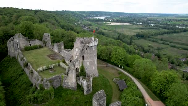 Medieval Ruins Castle French Countryside Surrounded Trees Aerial View — 비디오
