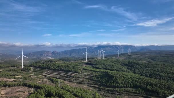 Windmills Aerial View Drone Flying Wind Turbine Blades Static Day — Stock Video