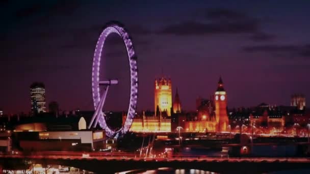 Passeando Pelo London Eye Pelas Casas Parlamento Noite — Vídeo de Stock