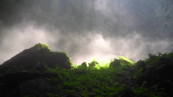 Statický Záblesk Mlhy Vznášející Skalách Pokrytých Zelenou Rostlinou Uvnitř Jeskyně — Stock video