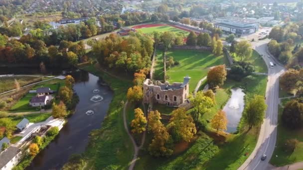 Aerial View Dobele City Ancient Medieval Castle Park Fontain Latvia — 비디오