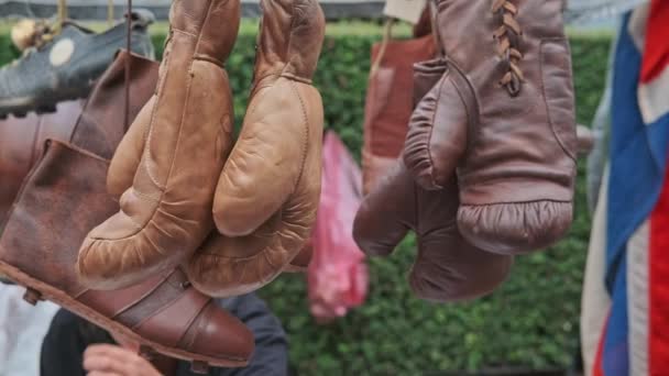 Used Leather Gloves Hanging Market Stall Portobello Road London Close — Stock Video