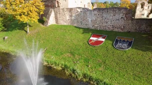 Aerial View Dobele City Ancient Medieval Castle Park Fontain Latvia — 비디오