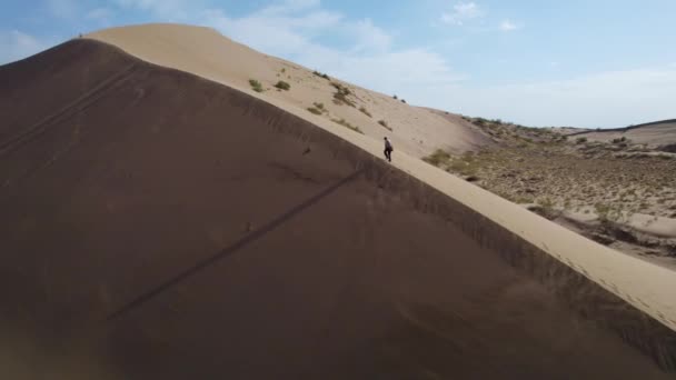 大規模な砂丘 青空のクレストを歩いて男の空中弧 歌砂丘 — ストック動画