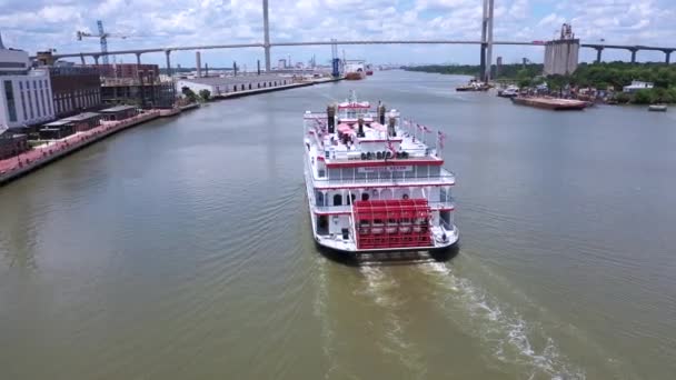 Drone Paddle Boat Savannah Georgia River Ponte Sospeso — Video Stock