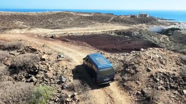 Circling Drone Shot Cyan Blue Van Top Mountain Spain Ocean — Stock video