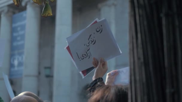 Люди Плакатами Протеста Против Репрессивного Иранского Режима Дублине Ирландия — стоковое видео