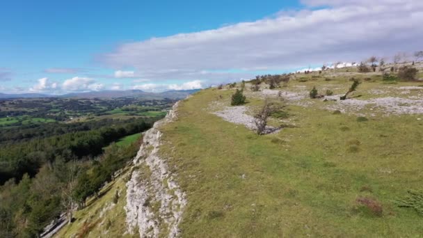 空中无人驾驶飞机沿着岩石悬崖的边缘向后飞去 俯瞰着森林和乡间草地 在一个阳光明媚的夏日 在英国湖区拍摄 — 图库视频影像