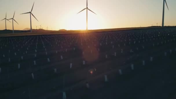 Array Wind Turbines Het Platteland Veld Bij Zonsondergang Hernieuwbare Energie — Stockvideo