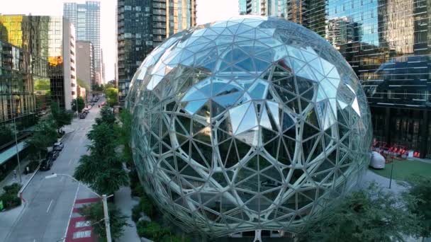 Slow Orbiting Aerial Shot Amazon Spheres Seattle Downtown — Stock Video