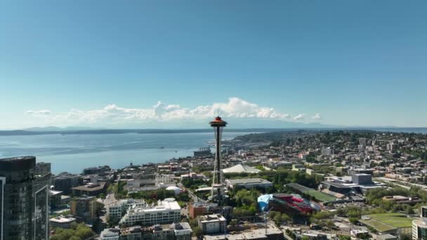 Establecer Una Vista Aérea Aguja Espacial Seattle Brillante Día Verano — Vídeos de Stock