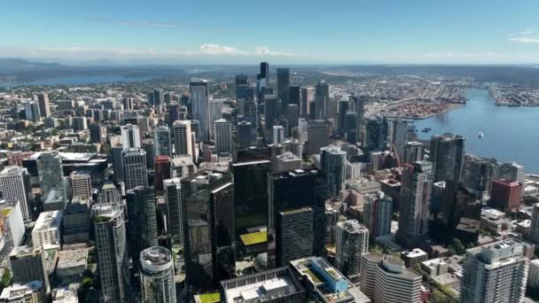 Luftaufnahme Des Wolkenkratzermeeres Der Innenstadt Von Seattle Einem Warmen Sommertag — Stockvideo