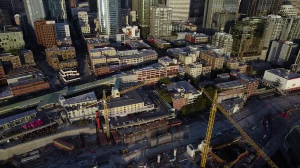 Aerial View Overlooking Road Construction Site Downtown Seattle Golden Hour — 비디오