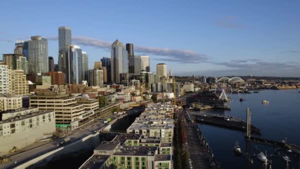 Vue Aérienne Autour Front Mer Central Seattle Heure Dans Nord — Video