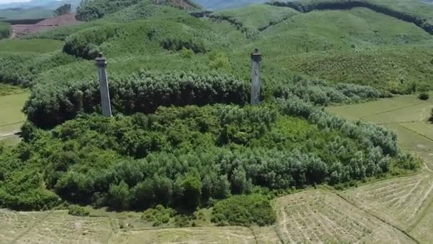 Vietnam Kırsal Kesimlerinde Ormandan Sarkan Iki Taş Sütunun Hava Görüntüsü — Stok video