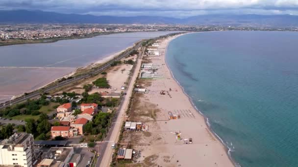 Aerial View Poetto Beach Sardinia Salt Lakes Sardinia Dolly Left — Stock Video