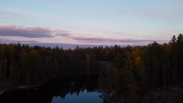 Вид Воздуха Спокойное Лесное Озеро Солнечный Осенний Вечер Скандинавии — стоковое видео