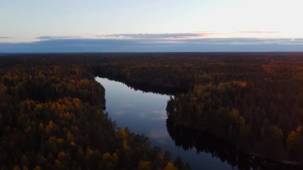 Revelación Giratoria Puesta Sol Sobre Bosque Espejo Como Superficie Lago — Vídeo de stock