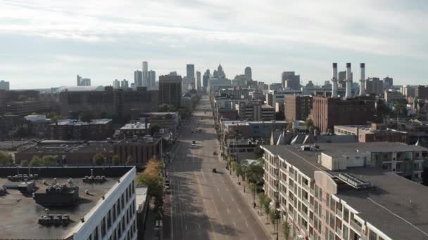 Detailaufnahme Der Skyline Von Detroit Michigan Mit Drohnenvideo Das Die — Stockvideo