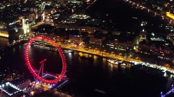 London Eye River Thames Westminster Night Time Aerial Video — Stock Video