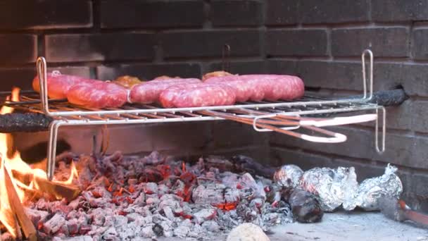 Vista Las Brasas Cocinando Comida Para Una Barbacoa Vista Salchichas — Vídeos de Stock