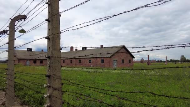 Vallas Alambre Púas Cargadas Eléctricamente Campo Concentración Auschwitz Auschwitz Birkenau — Vídeo de stock