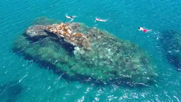 Aerial View Young Scuba Diver Swimming Rock Mediterranean Sea Greece — Stock Video