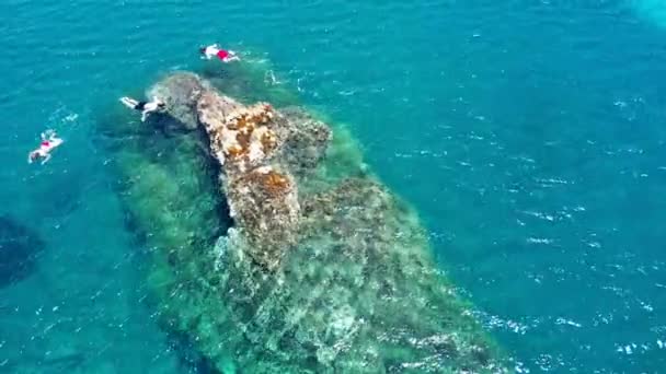 Top Luftfoto Unge Turister Svømmer Rundt Klippe Middelhavet Med Dykning – Stock-video