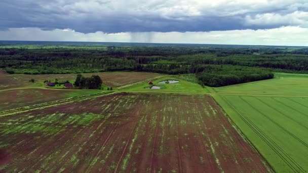 農地上空4Kドローン飛行嵐の雲との距離で収穫後 — ストック動画