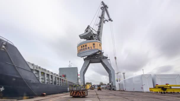 Industriekran Belädt Fracht Auf Containerschiff Auf Werft Bei Bewölktem Tag — Stockvideo