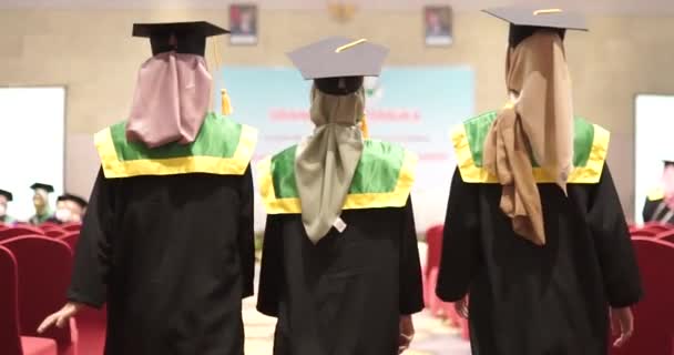 Blick Von Hinten Drei Absolventinnen Gehen Vollen Abschlusskleidern Mit Abschlussmützen — Stockvideo