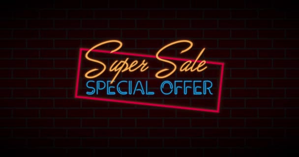 Super Sprzedaż Specjalna Oferta Neon Czerwona Cegła Tło Retro Neonowy — Wideo stockowe
