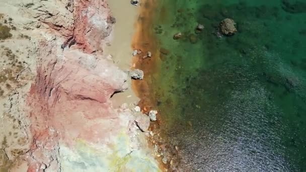 Aerial Top View Rocks Sandy Beach Greece Summer Holidays — Stock Video