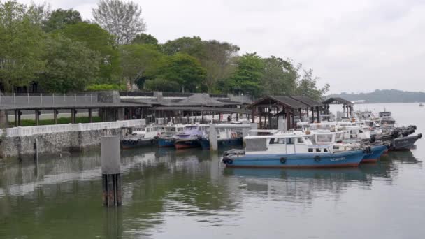 Distant View Passengers Walking Bumboats Moored Changi Village Jetty Singapore — Stock Video