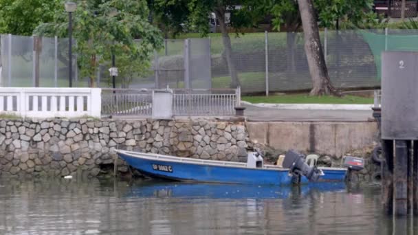 Wooden Sampan Boat Anchored Changi Creek Singapore Daytime Static — Stock Video